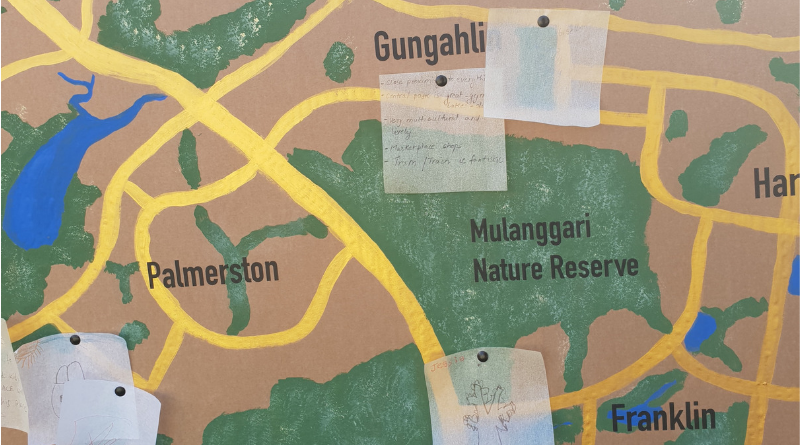 A detail of the Gungahlin Arts Hidden Treasures project, which asks residents to write down what they love about Gungahlin and how the Arts can make it better. Responses are displayed on a large map of the area. 