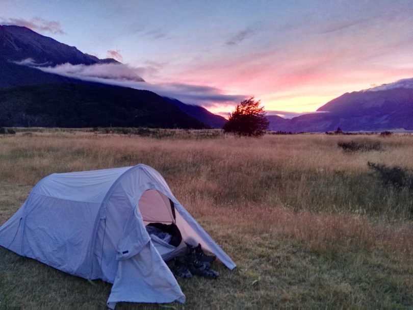 Camping in an alpine pasture on the Te Araroa trail. 
