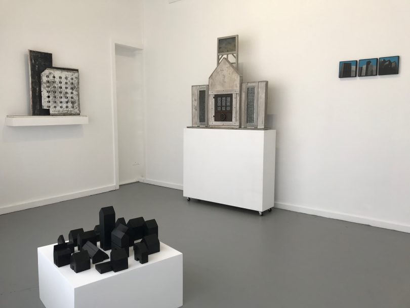 City State exhibition: small sculptural works which reference cityscapes, installed in a white gallery space.