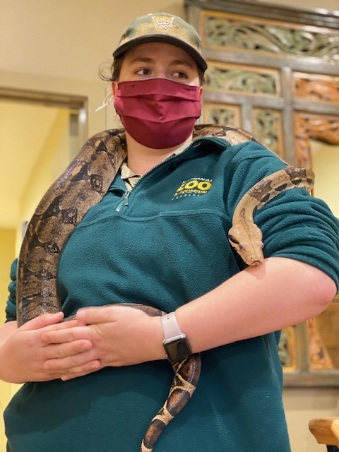 Jess Cartwright with Betty the boa constrictor over her shoulders.