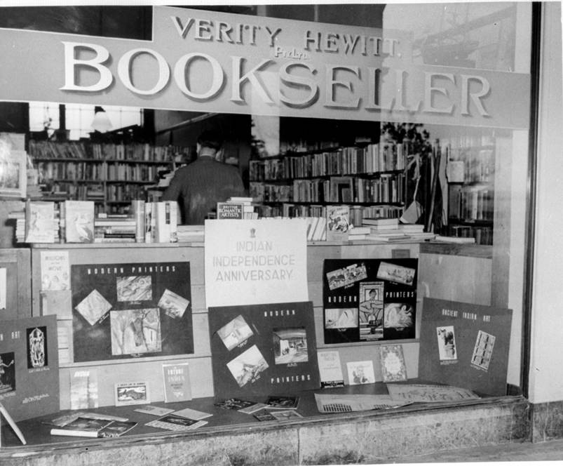 Historical photo of exterior of Verity Hewitt's bookshop.