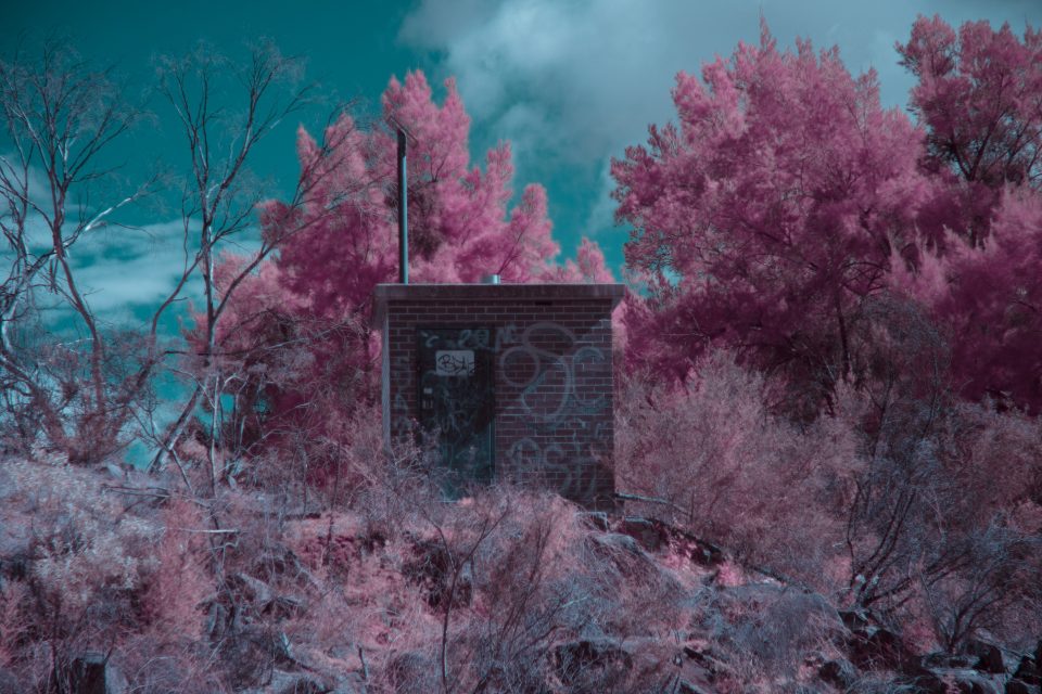 Infrared photography of brick services building