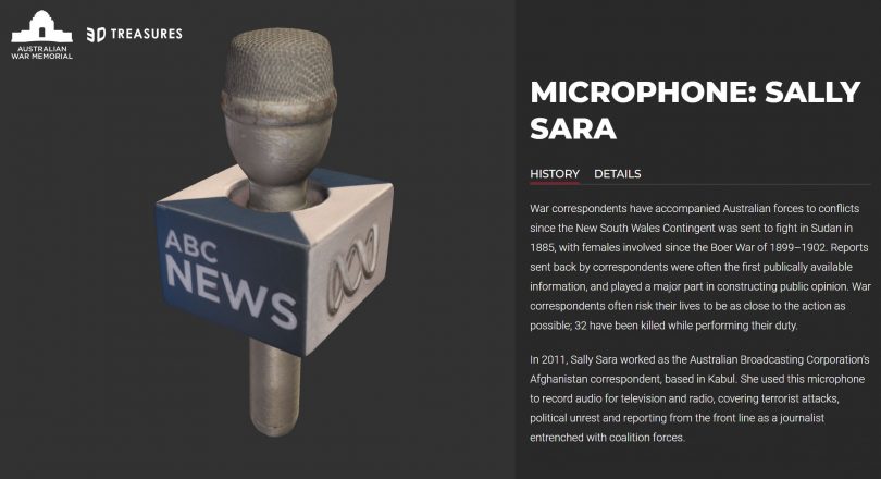 Sally Sara's microphone as part of 3D Treasures online display
