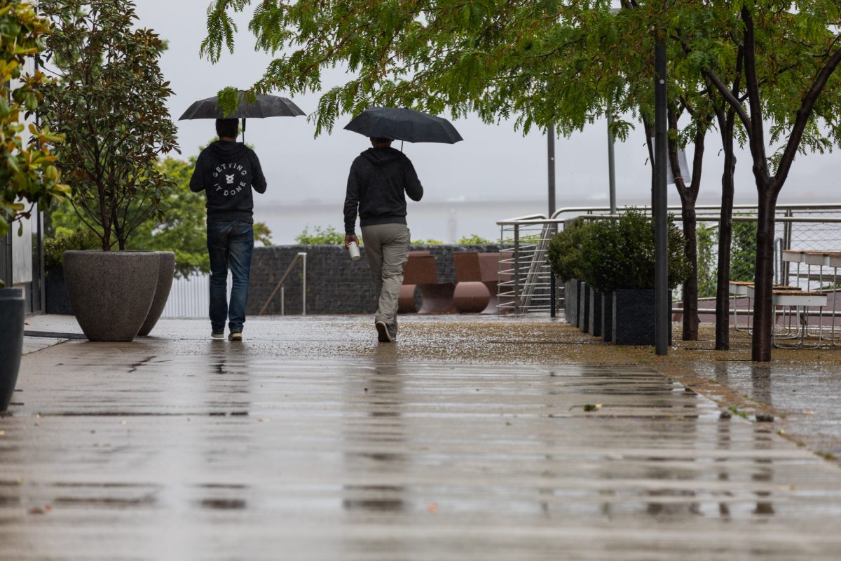Two men with umbrellas walking in the rain.