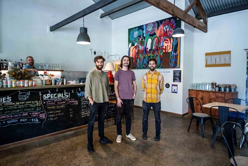 From left: Co-owners of Gang Gang Cafe and Bar in Downer, brothers Sam, Riley and Max Conway. Photo: Kazuri Photography.