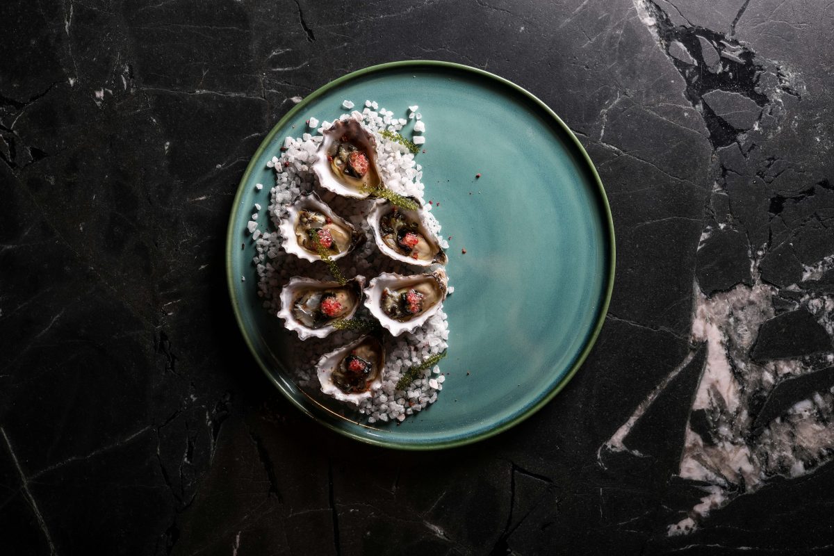 Teal plate with six oysters