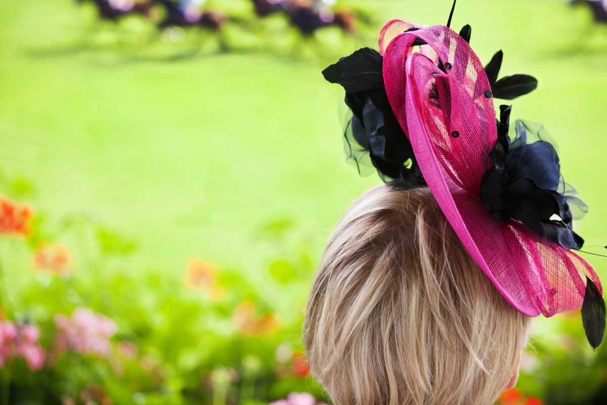 Woman from behind wearing a pink and black fascinator in her hair, horses racing in the background