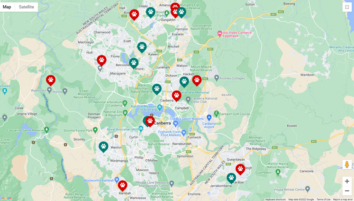 map of dog parks in Canberra