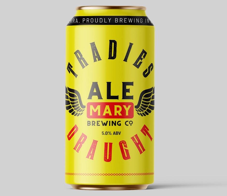 yellow can of beer with Ale Mary logo and text "Tradies Draught"