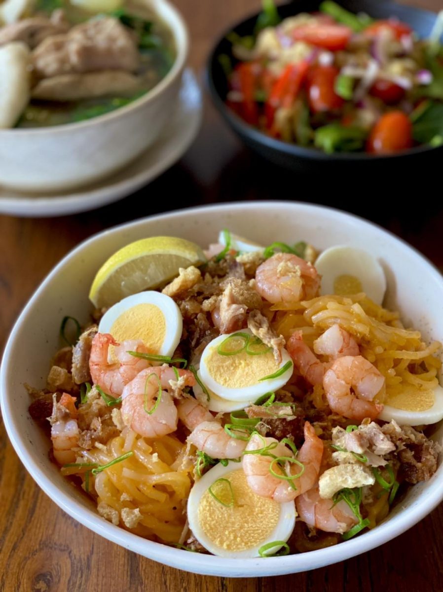 Filipino style bowl of noodles and prawns