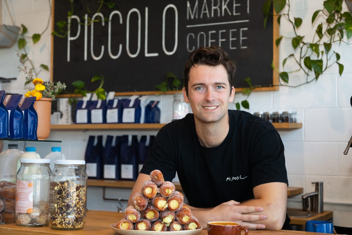 Scott Thompson at Piccolo Market Coffee with Italian donuts