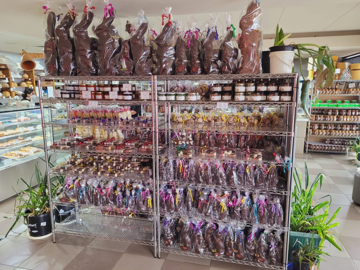 large rack of wrapped chocolate bunnies
