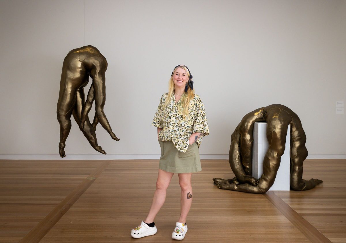 Artist Tarryn Gill with two sculptures from her Limber series created for Portrait23: Identity at the National Portrait Gallery