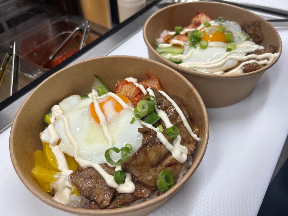 Two grilled pork rice bowls sat on a kitchen bench with an ingredient portion bay next to them.