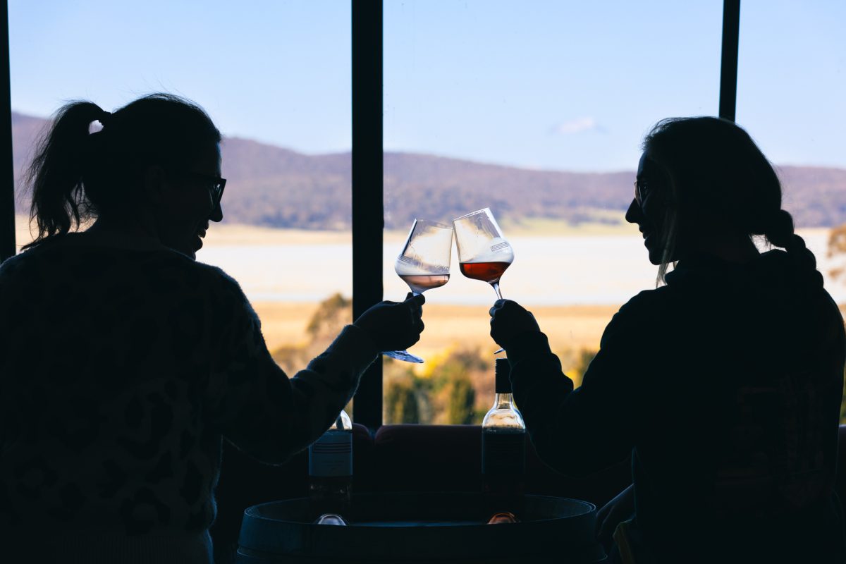 Two people in silhouette 'cheers' their wine glasses