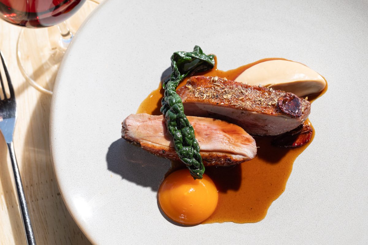 A dish of duck with puree and jus.
