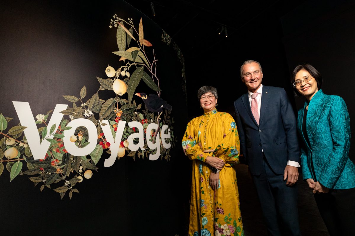 Director of the National Museum of Singapore, Chung May Khuen, with Director of the NMA, Dr Mathew Trinca, and chief executive of the National Heritage Board Singapore, Chang Hwee Nee, at the opening of Voyage at the NMA. 