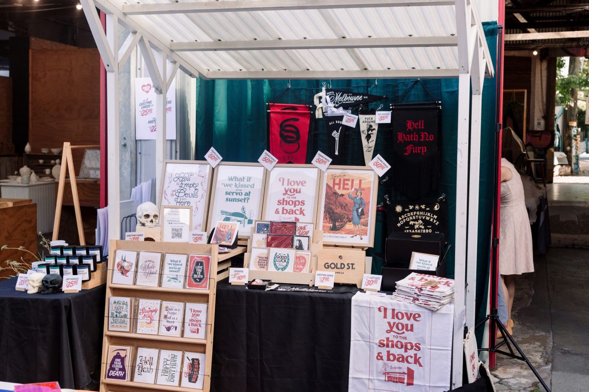 Market stall with prints, cards, mugs and more.