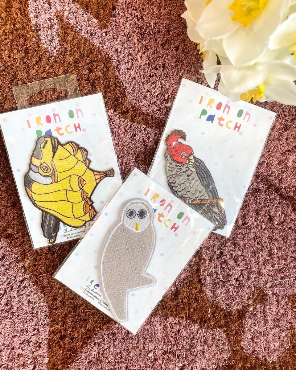 iron on patches of skywhale, belco owl and galah