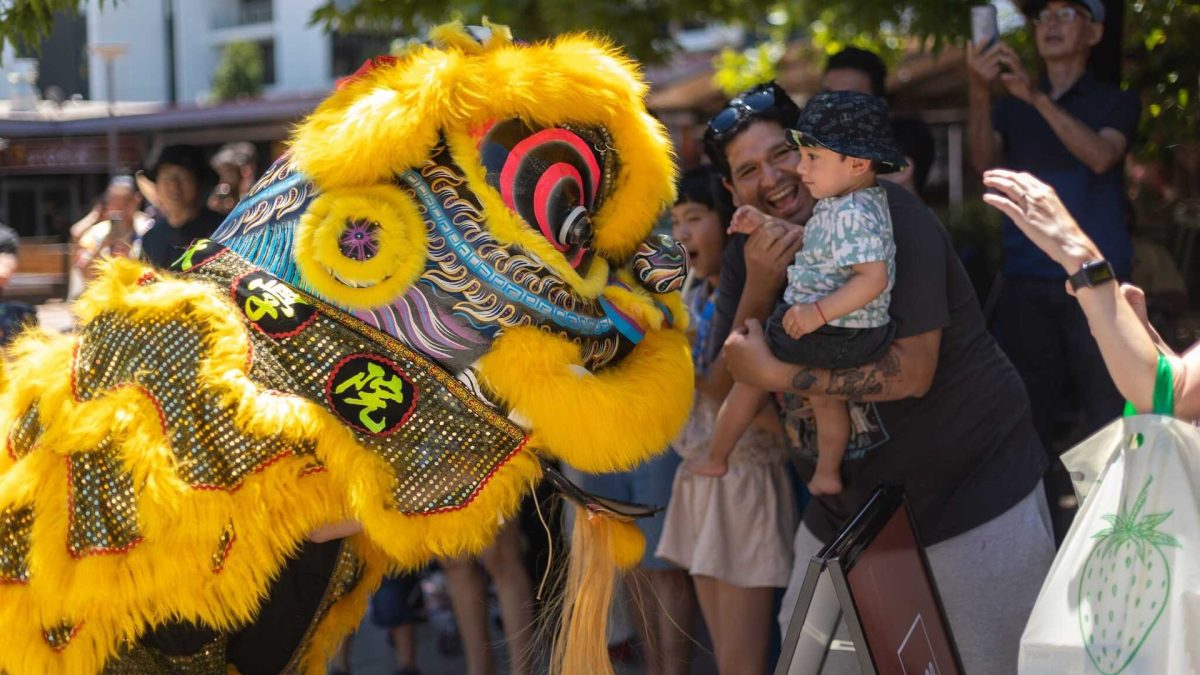 Traditional Lion Dancer in outfit with festival attendees.
