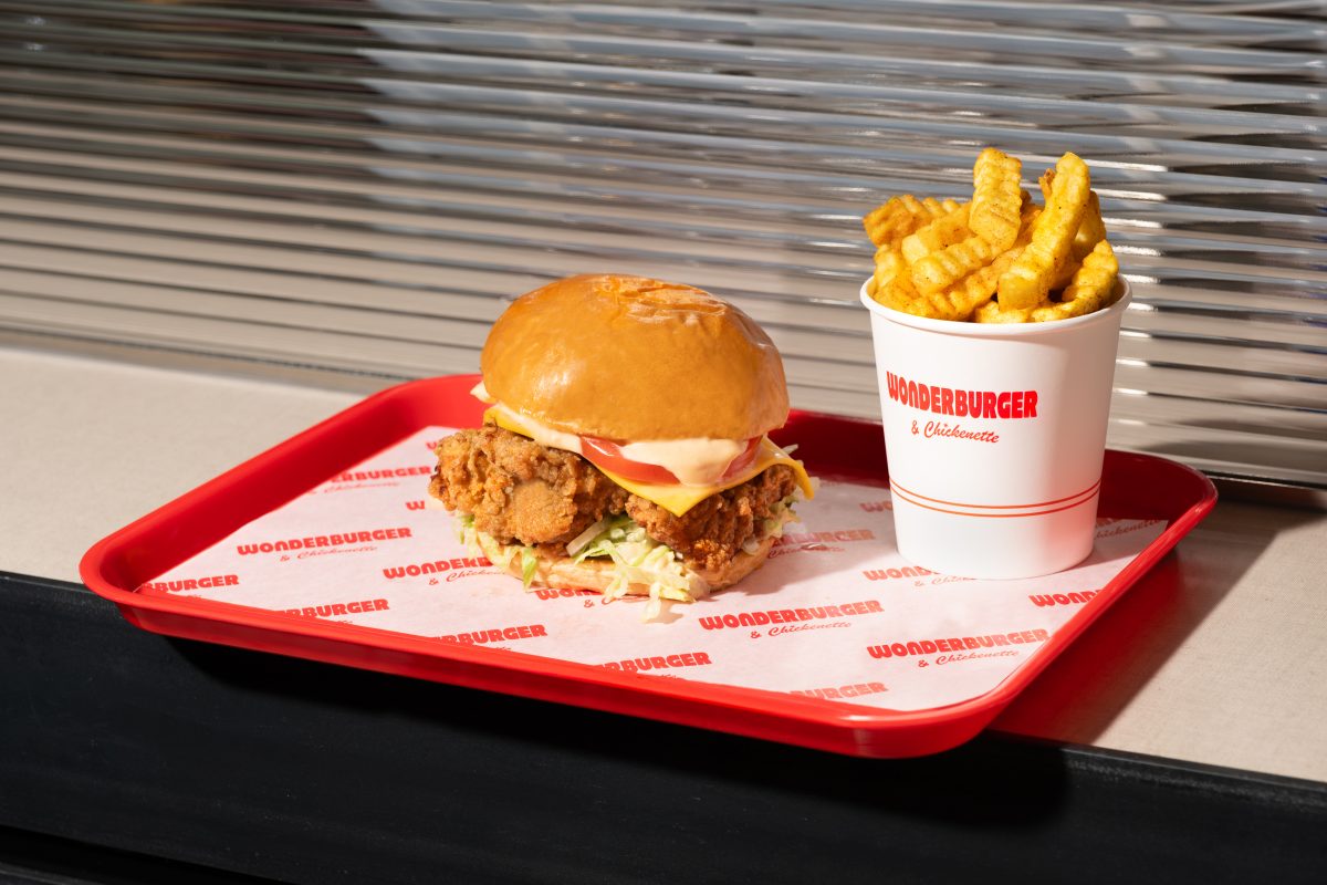 Wonderburger and fries on plastic tray