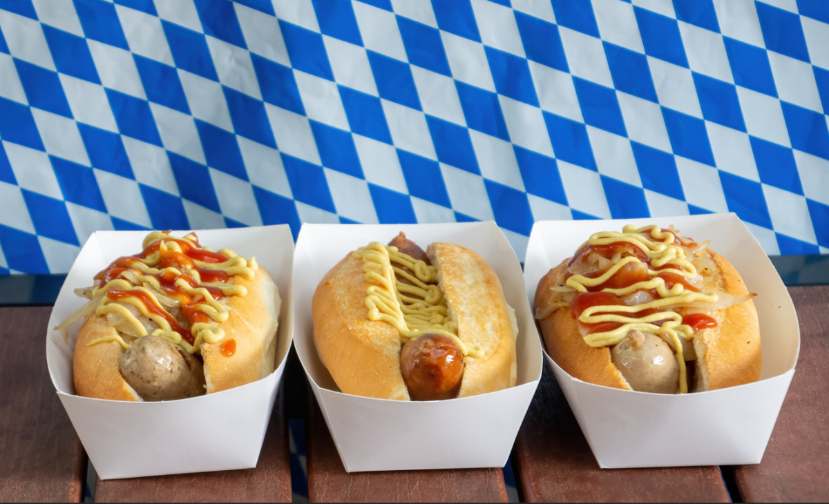 The Big 3 – Bratwurst, Kransky and Swiss Bratwurst on a roll