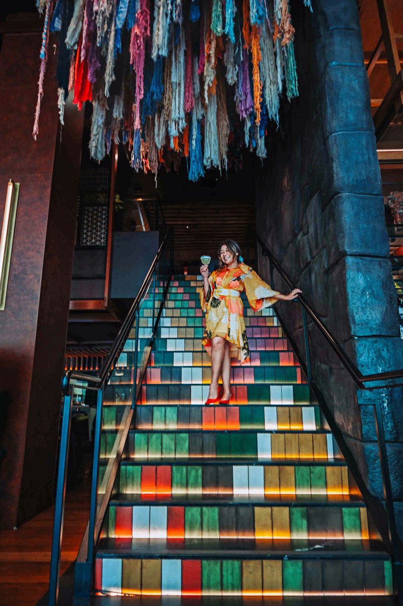 The colourful step to the restaurant's second floor. 