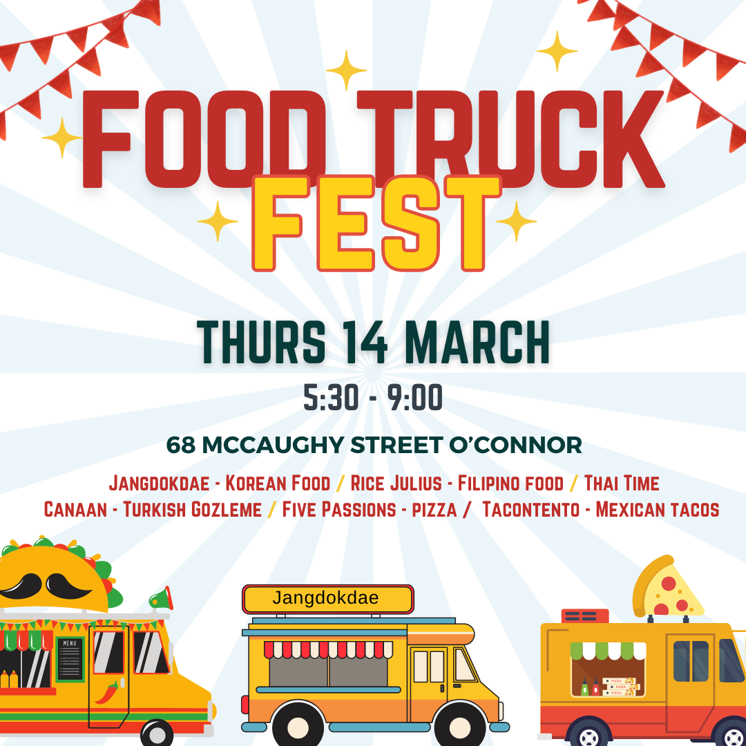 Poster reading "Food Truck Fest Thurs 14 March" with details of vendors and cartoon images of food trucks.