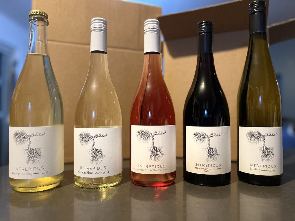 Six bottles of wine ranging from white to red with the Intrepidus logo.
