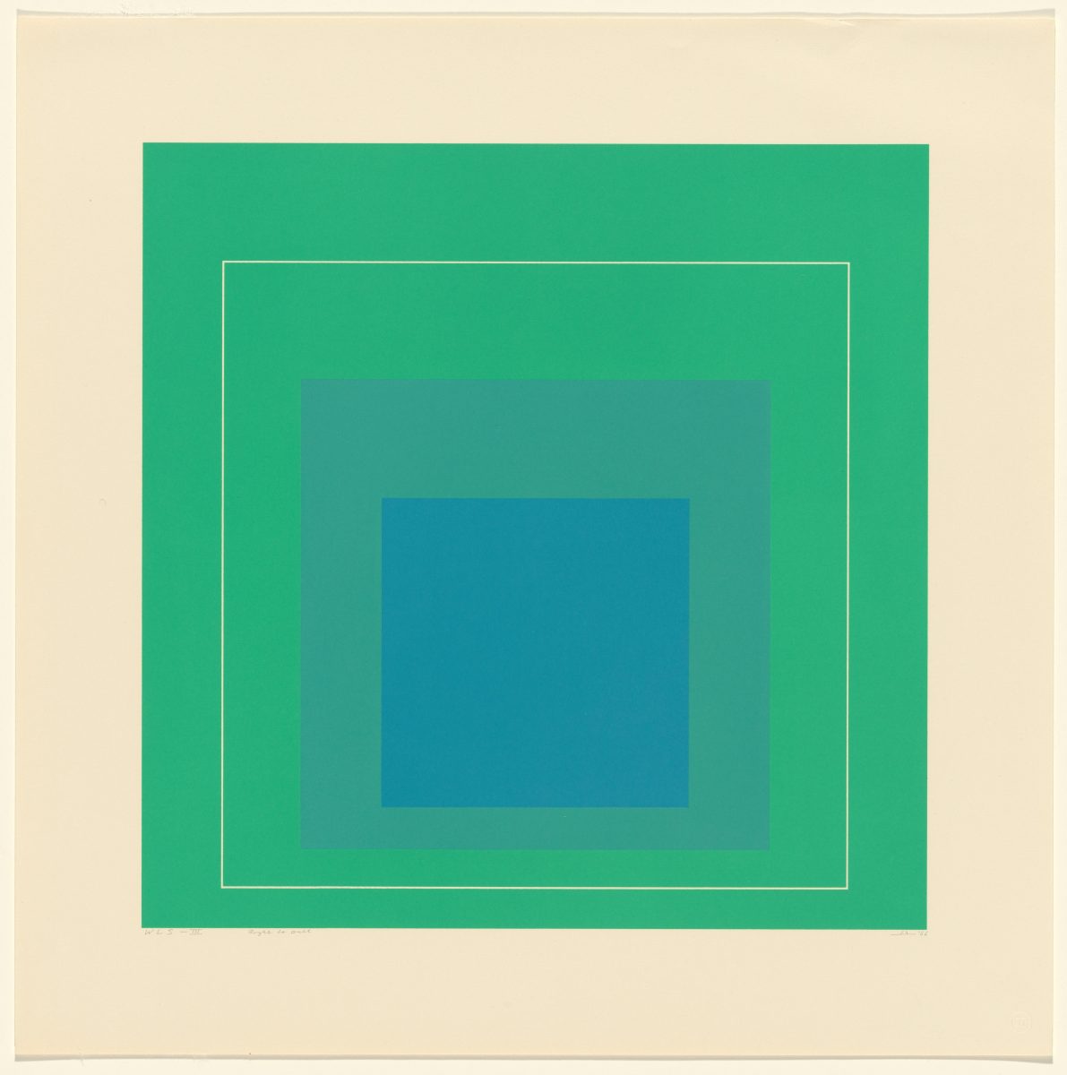 Green square artwork with blue square in the centre