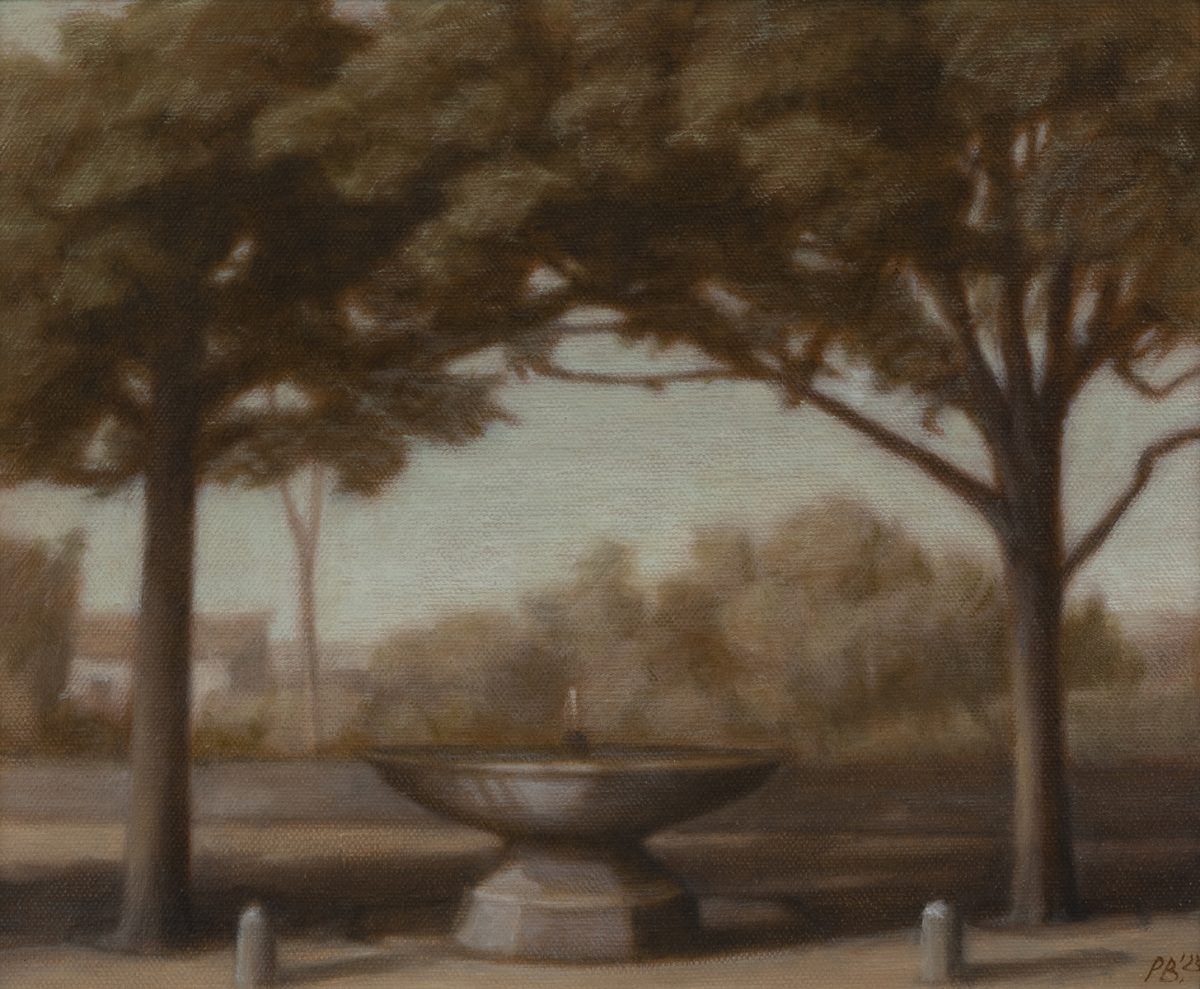 Painting of a fountain in a park