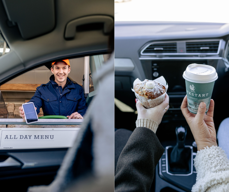 Two images side by side of a man offering a payment device at drive-thru window, and two people sitting in a car hold a muffin and a coffee cup.