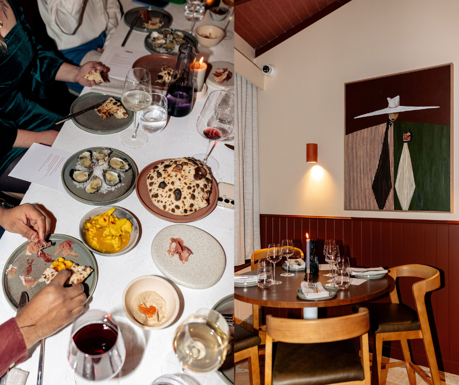 Two photos side by side: on the left a crowded table with oysters and share plates, on the right a corner of the restaurant featuring quirky art.