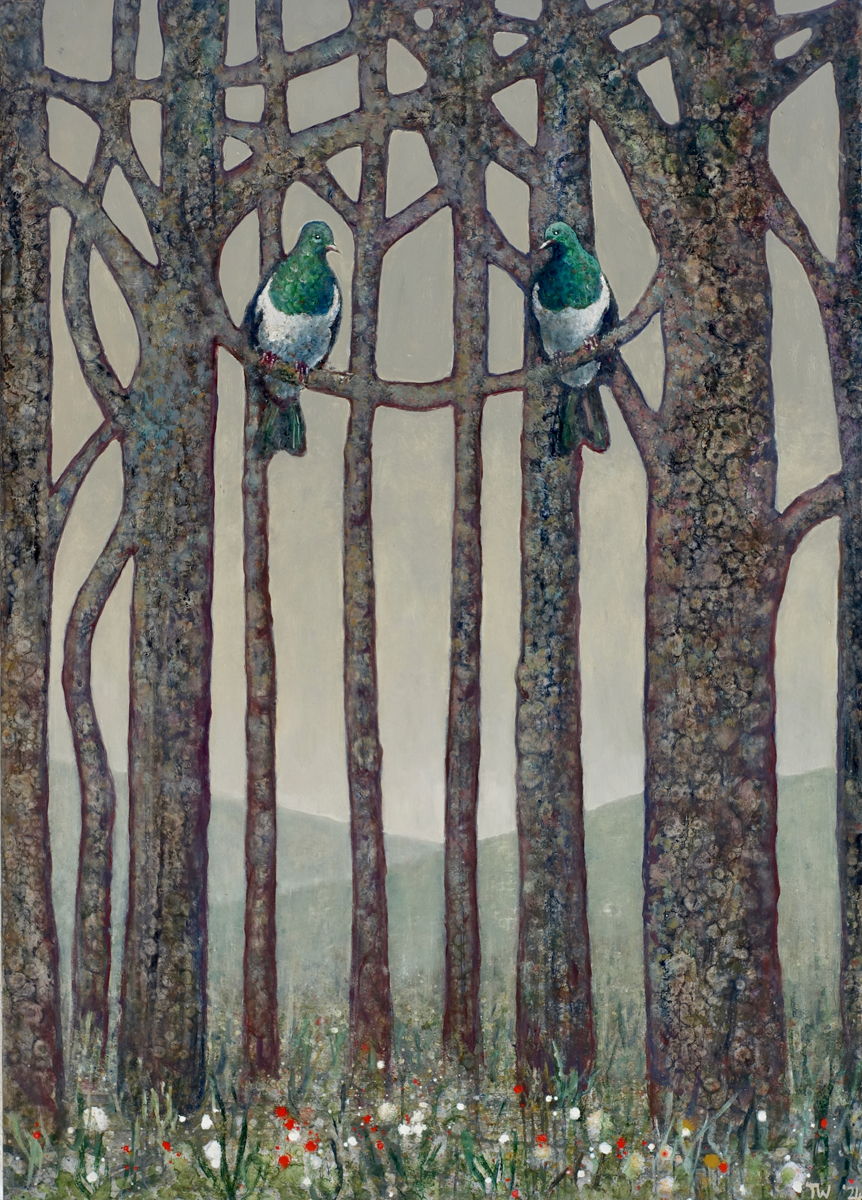 Vertical painting with tall trees and birds