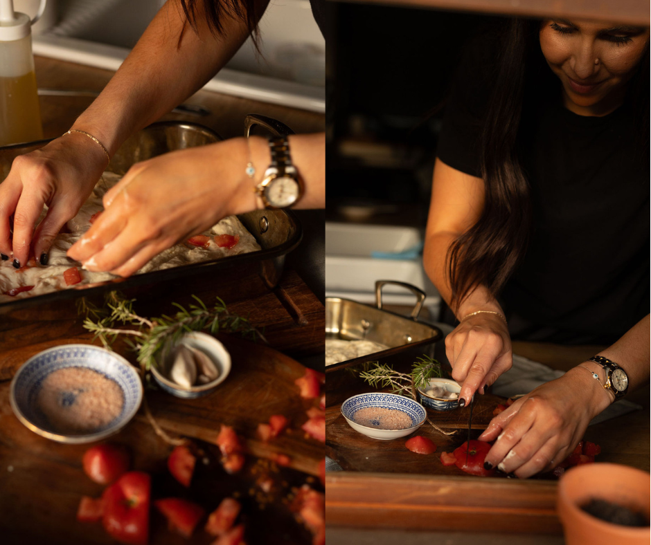 Two images side by side showing a woman making focaccia by hand.