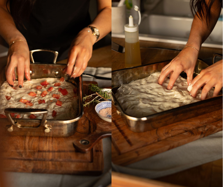 Two images side by side showing a woman making focaccia by hand.