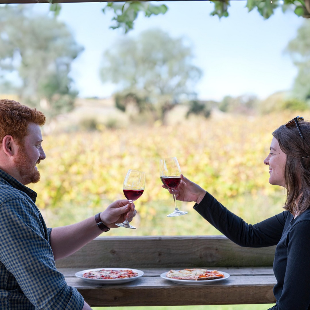 Two people toast with a glass of wine looking out onto a vineyard.