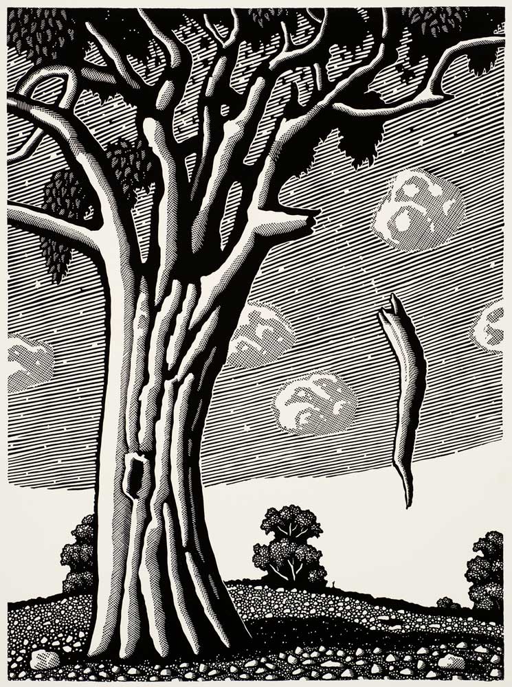 Print of a tree with a branck falling