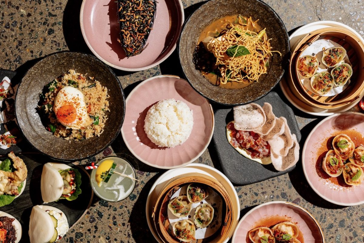 A spread of different dishes on a table.