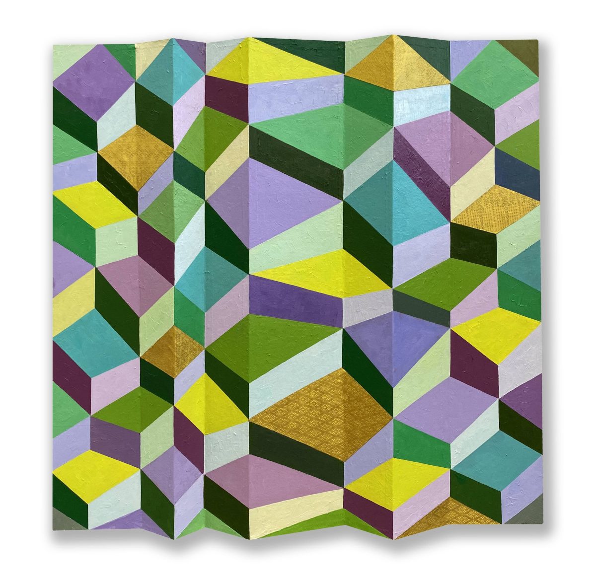 Complex square canvas of patterns with greens, blues and pinks