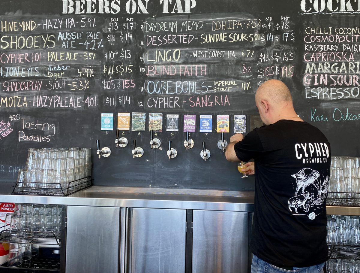 A blackboard with many different beer taps