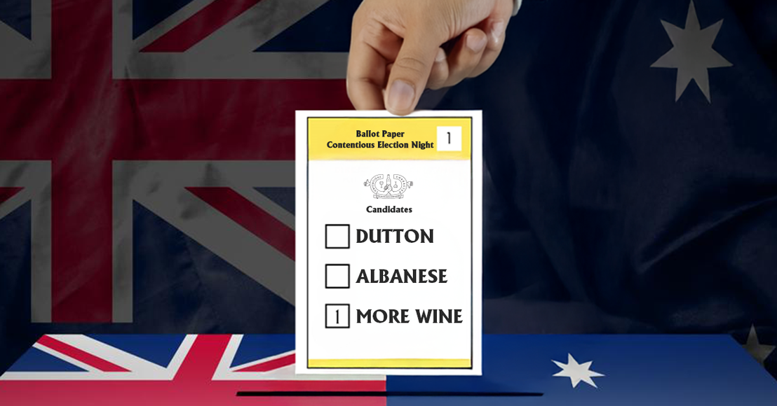 An image of an election ballot reading DUTTON, ALBANESE, MORE WINE and the box next to more wine has a number 1 written in it. 