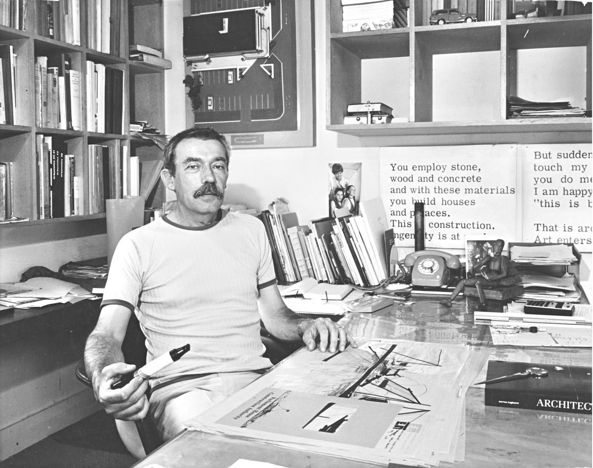 Enrico Taglietti in his studio in Griffith Canberra, c1976