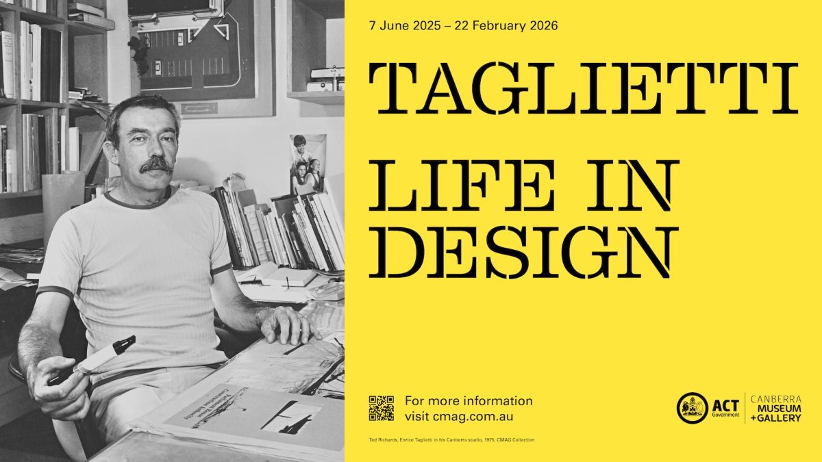 Yellow label on black & white image promoting Enrico Taglietti CMAG exhibition