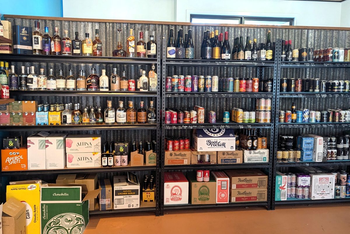 wall of shelves with bottles