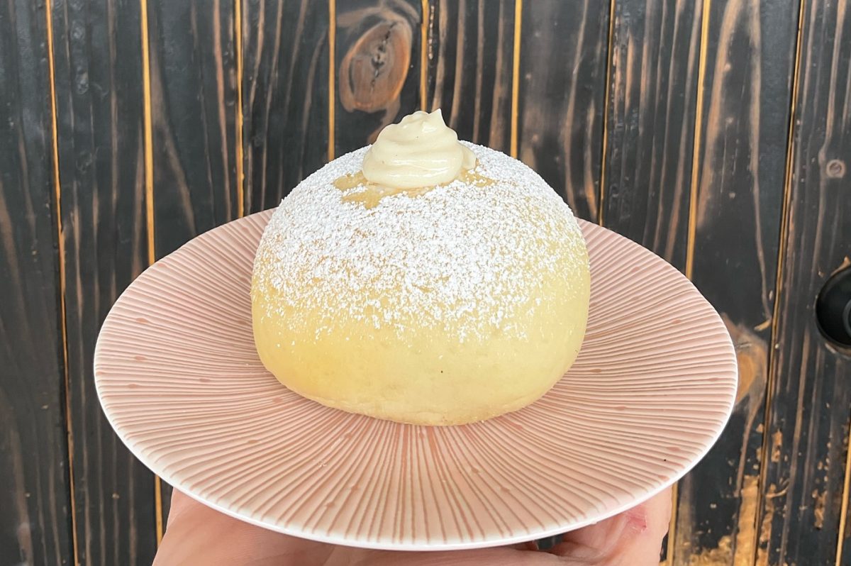 A pink plate with a tasty looking bun filled with cream is held in front of a charred wood background.