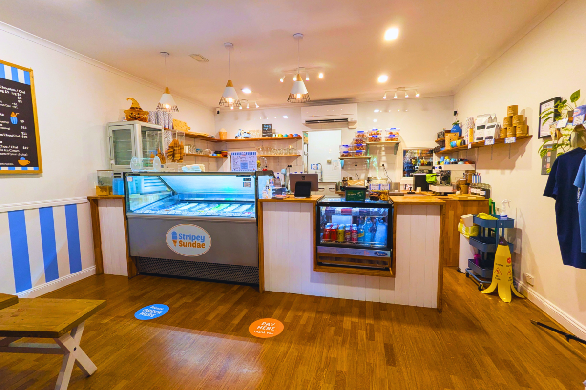 Inside an ice creamery.