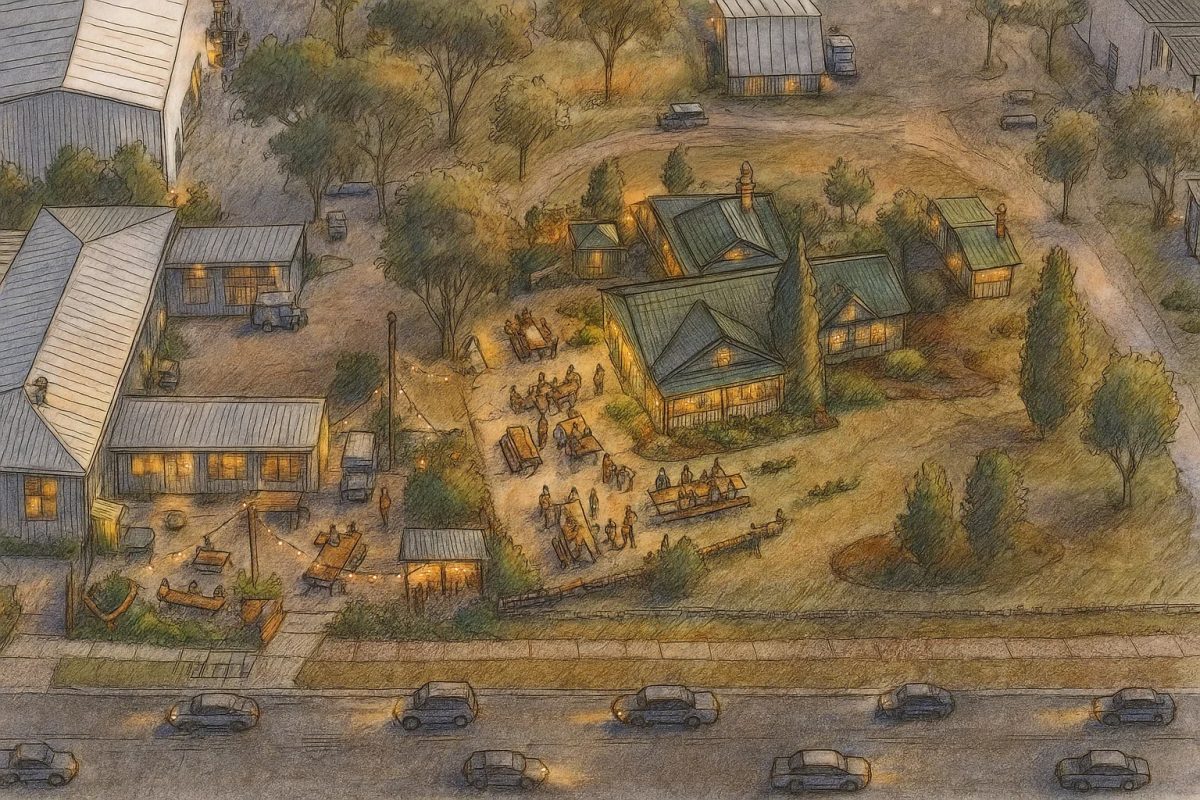 Handdrawn rendering of what the precinct may look like, with several buildings, outdoor dining and trees.