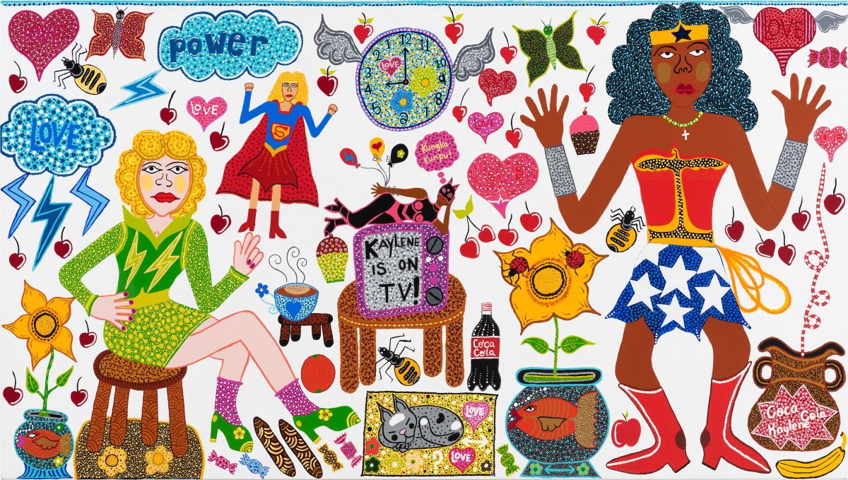 Figures around a TV set