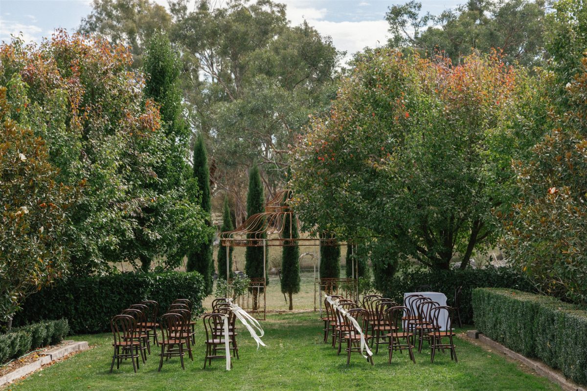 Set up for a wedding on a lawn.